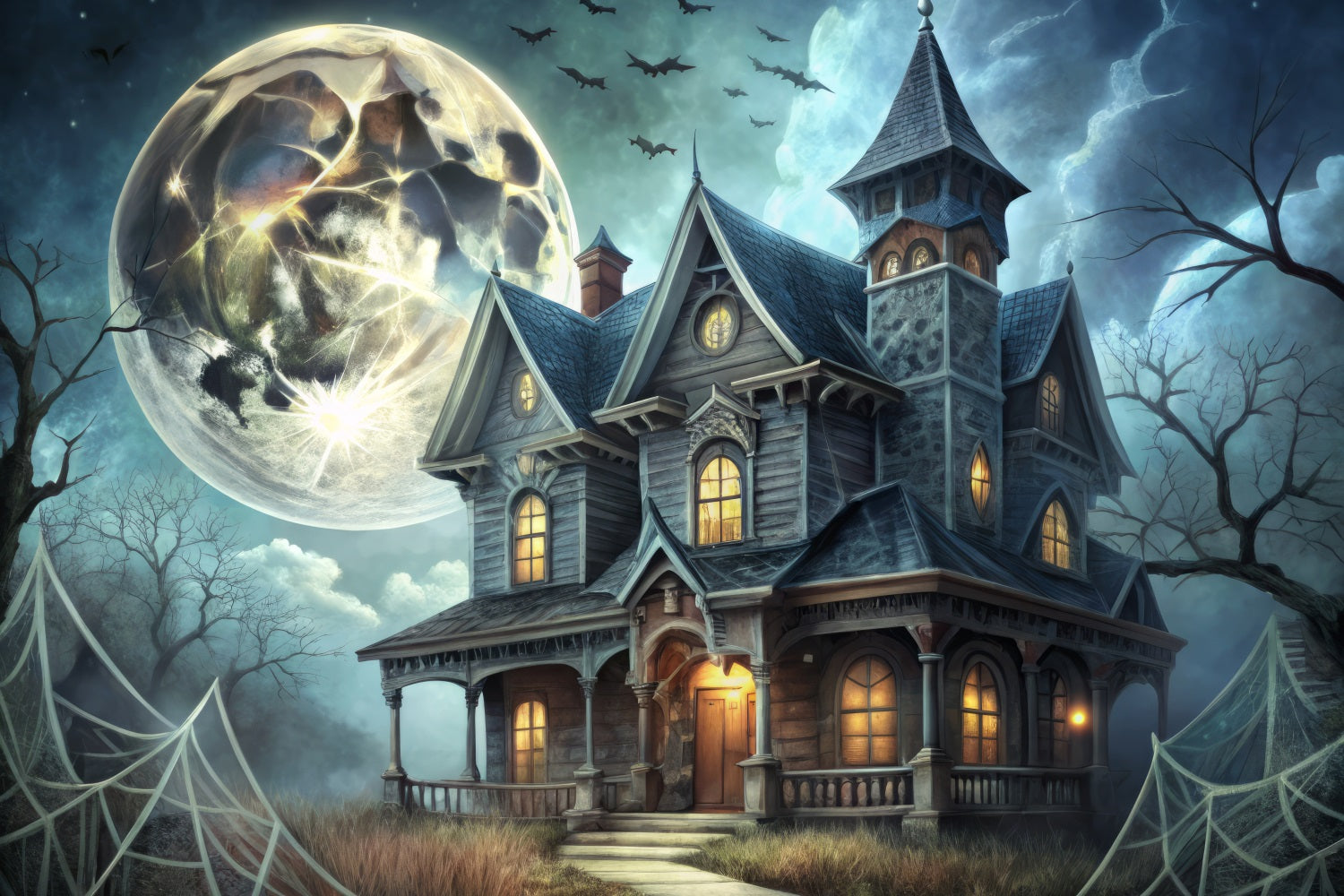 Spooky Halloween Backdrops Victorian Mansion Bats Backdrop UK BRP10-213