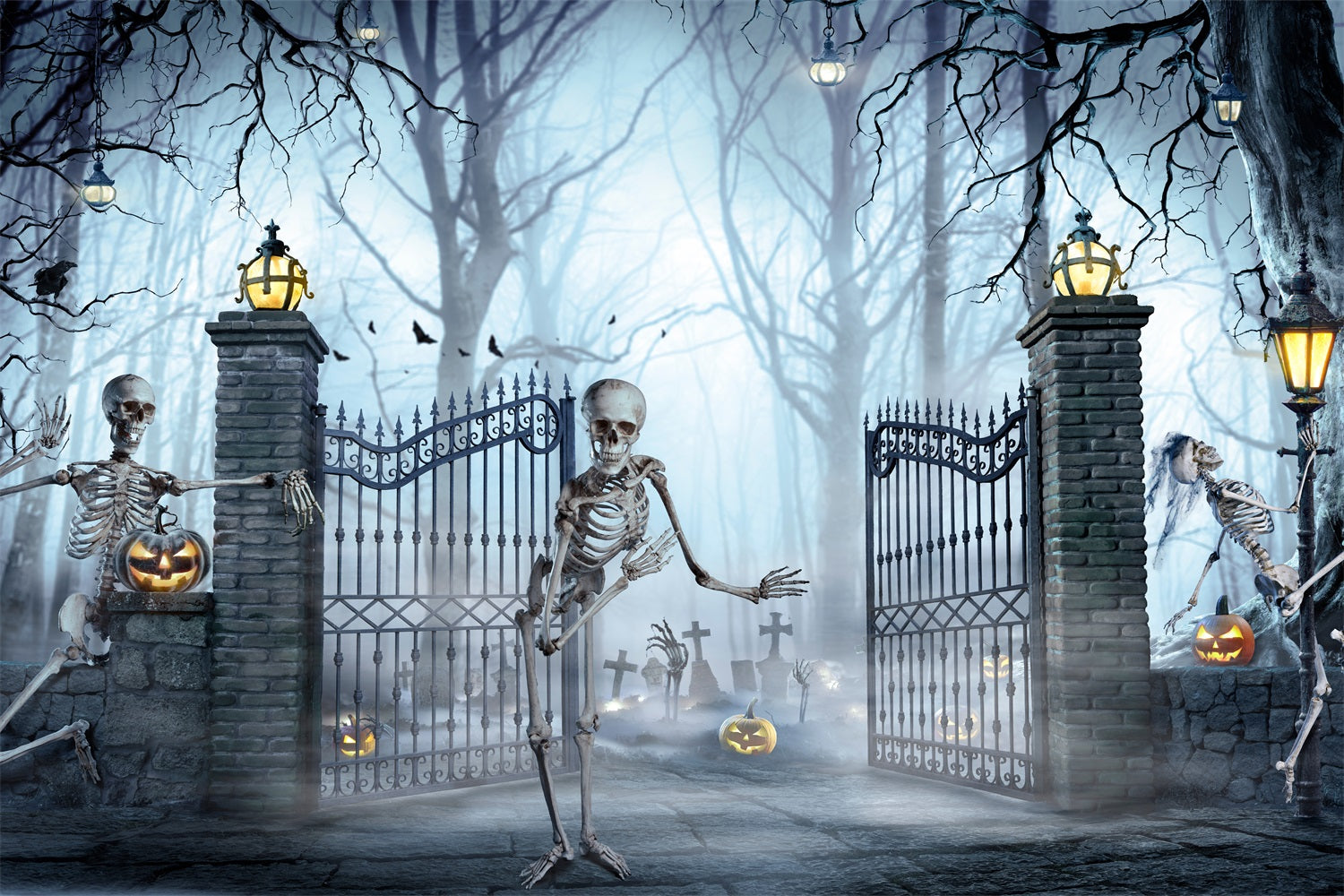 Halloween Backdrops For Sale Cemetery Gates Skeletons Backdrop UK BRP10-214