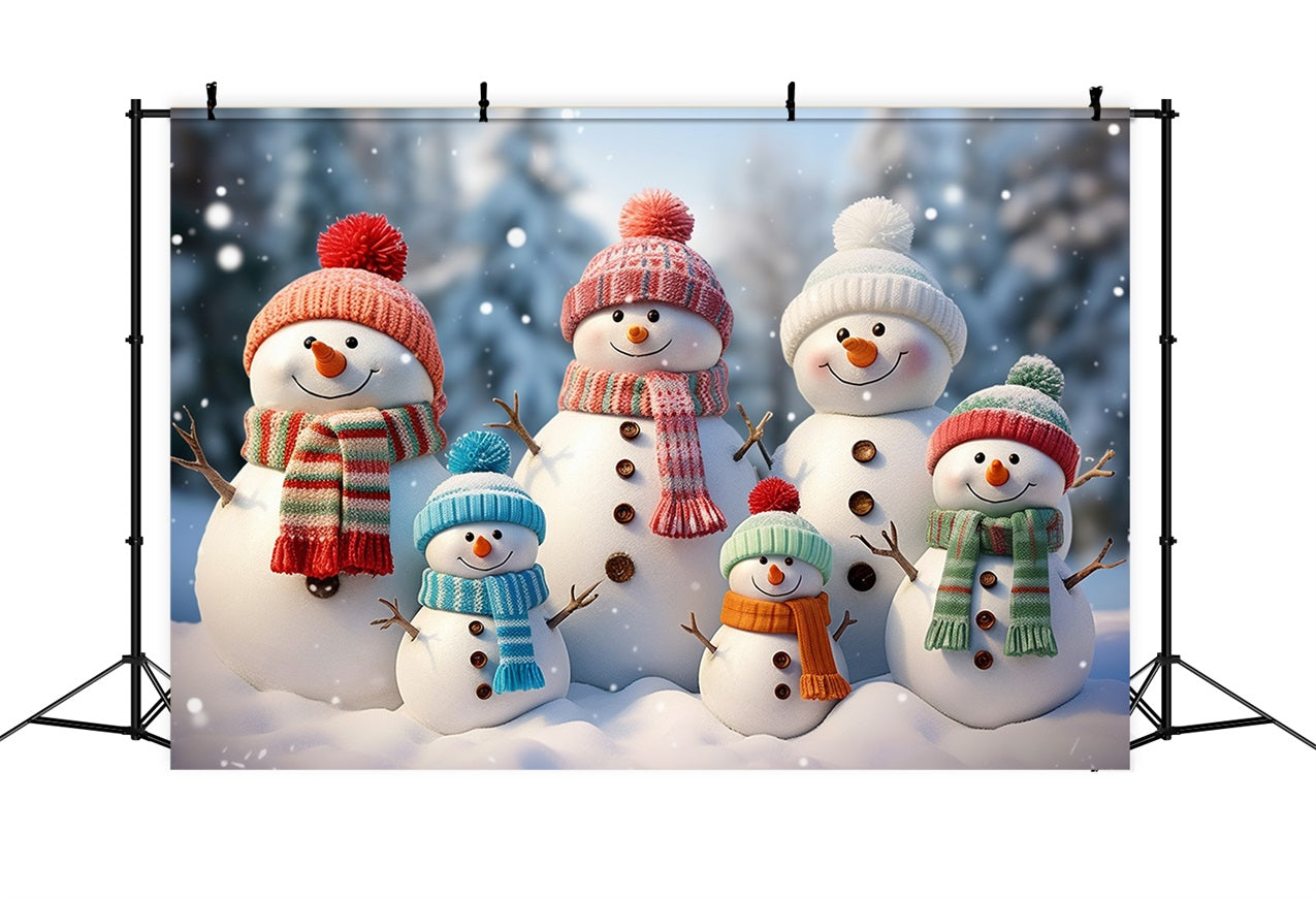 Winter Joyful Snowman Group Cozy Knitted Scarves Backdrop UK BRP10-22