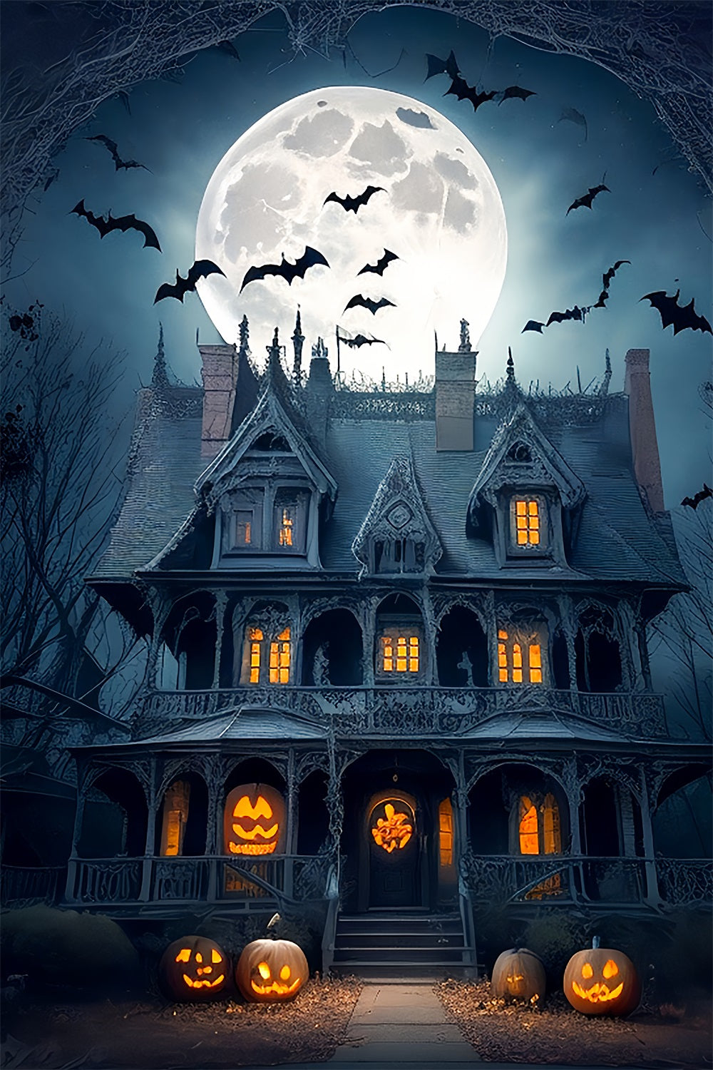 Halloween Backdrop Full Moon Gothic Mansion Bats Backdrop UK BRP10-222