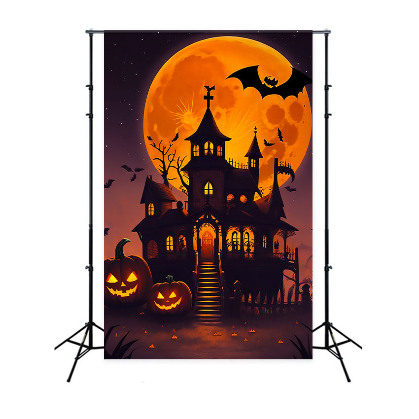 Creepy Halloween Backdrop Orange Moon Haunted House Backdrop UK BRP10-225