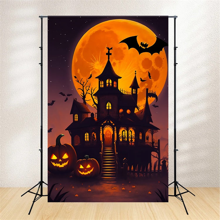 Creepy Halloween Backdrop Orange Moon Haunted House Backdrop UK BRP10-225