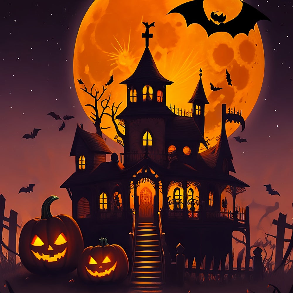 Creepy Halloween Backdrop Orange Moon Haunted House Backdrop UK BRP10-225