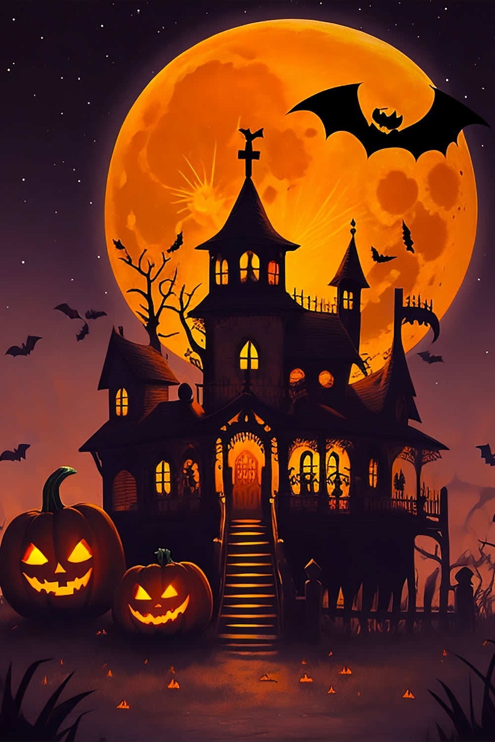 Creepy Halloween Backdrop Orange Moon Haunted House Backdrop UK BRP10-225