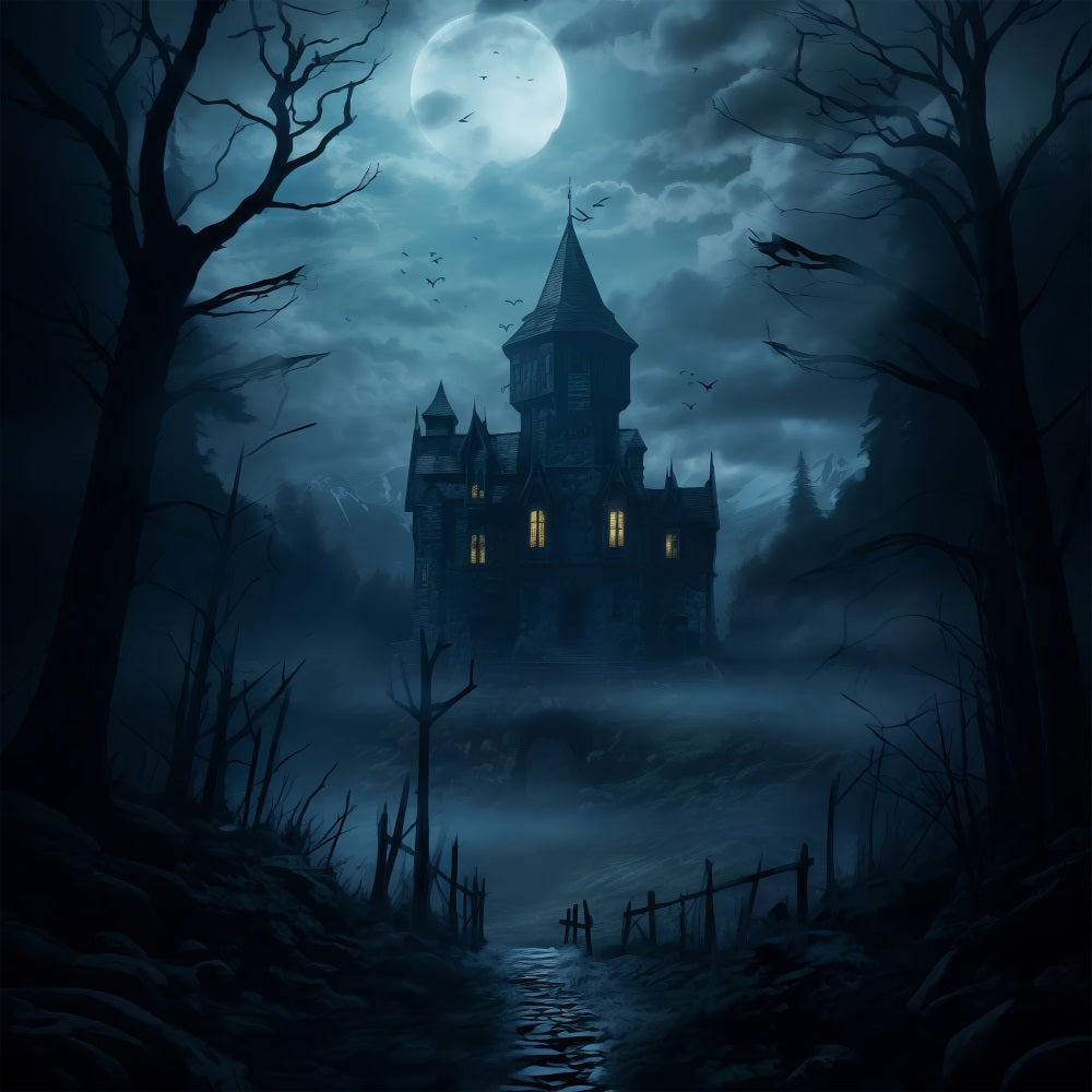 Photography Backdrop Halloween Foggy Night Spooky Castle Backdrop UK BRP10-226