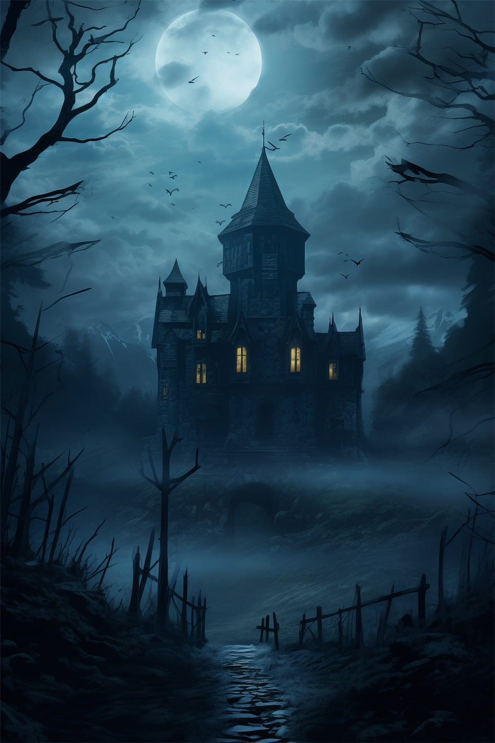 Photography Backdrop Halloween Foggy Night Spooky Castle Backdrop UK BRP10-226