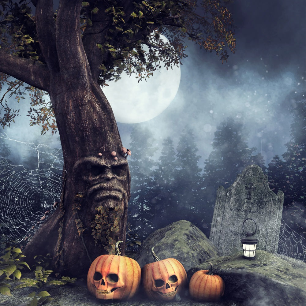 Halloween Graveyard Backdrop Tree Skull Pumpkins Backdrop UK BRP10-227