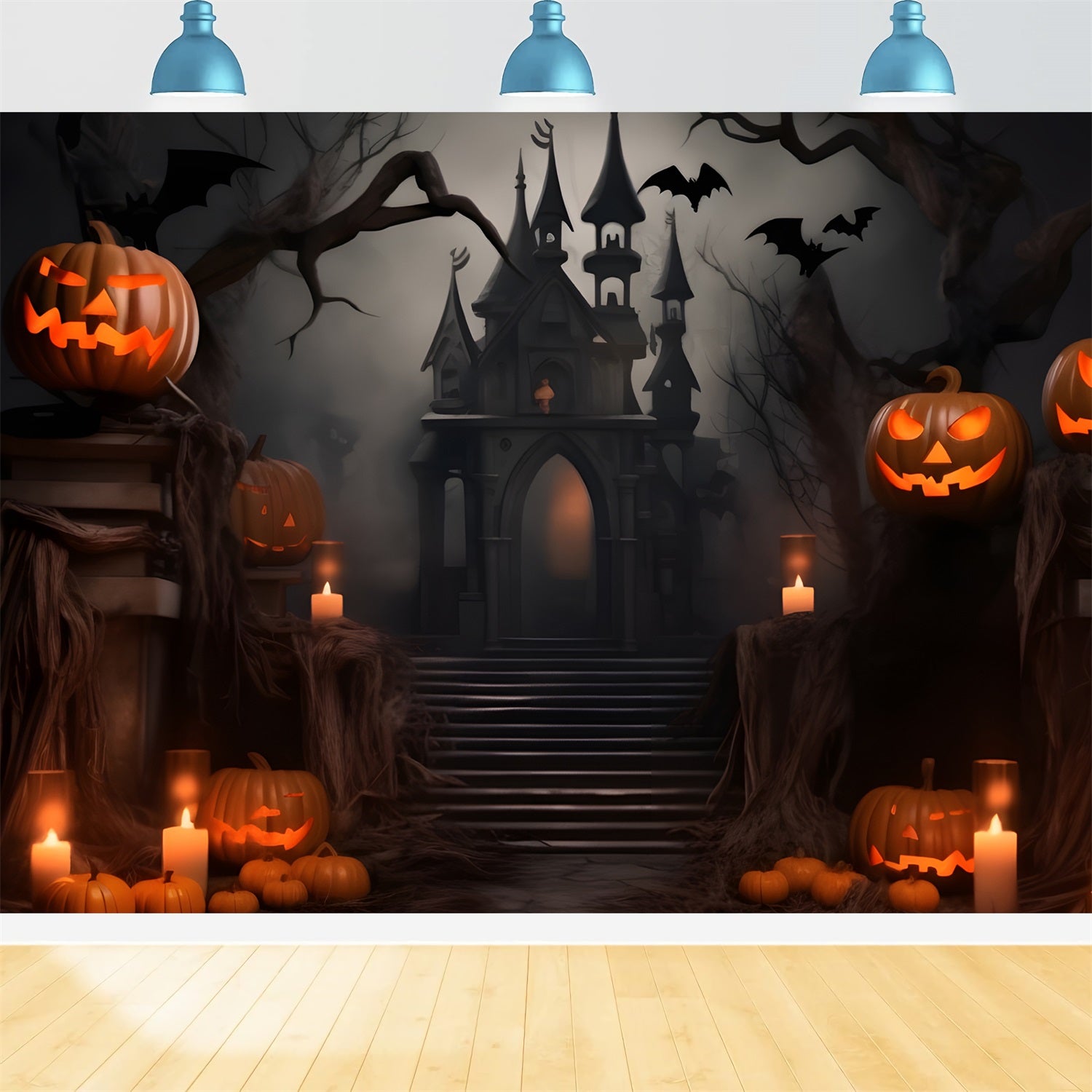 Halloween Castle Backdrop Dark Gothic Creepy Pumpkins Backdrop UK BRP10-229