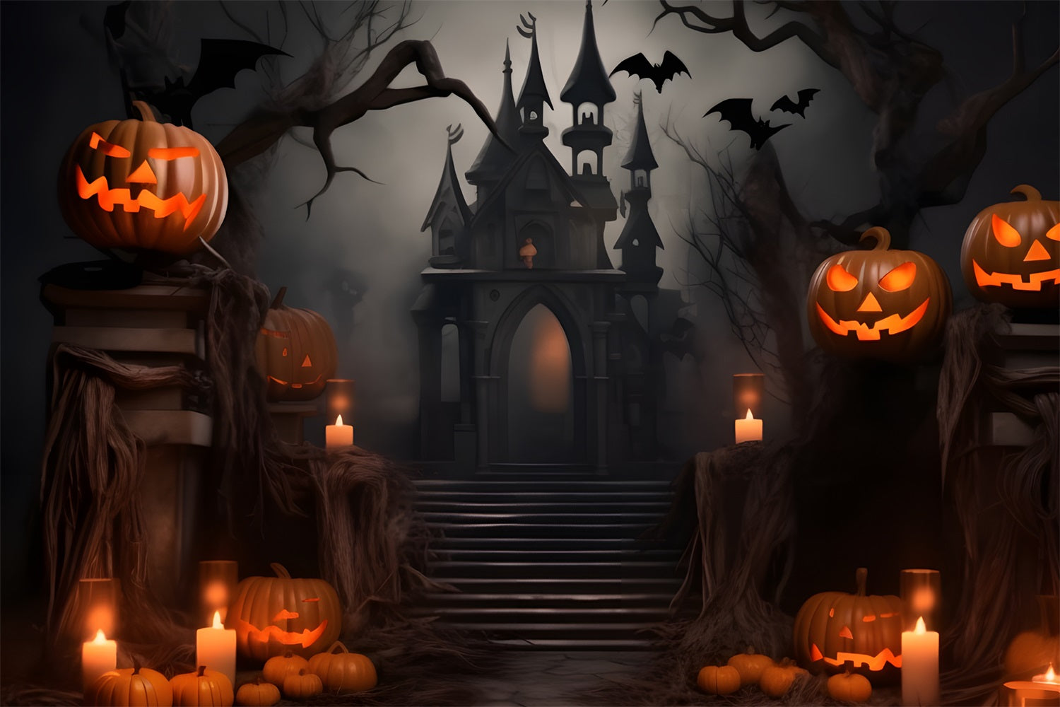 Halloween Castle Backdrop Dark Gothic Creepy Pumpkins Backdrop UK BRP10-229