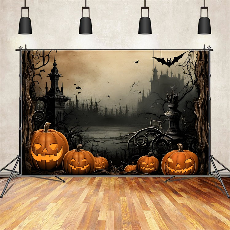 Backdrop Halloween Pillars Shadows Pumpkins Bats Backdrop UK BRP10-232