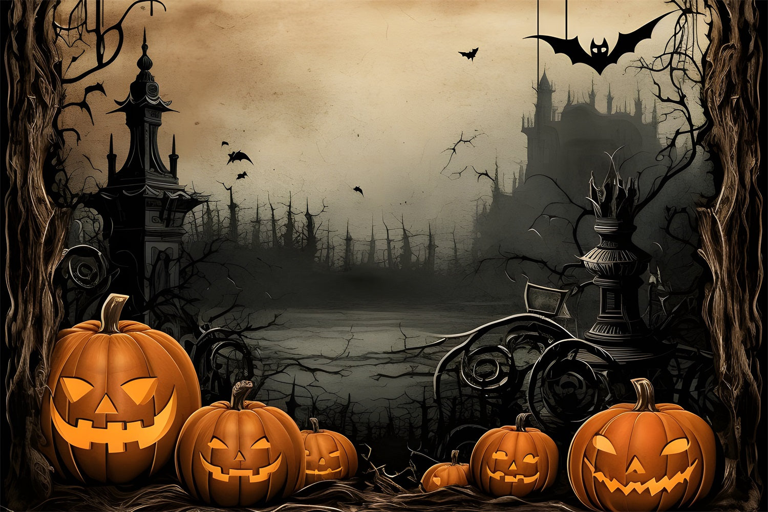 Backdrop Halloween Pillars Shadows Pumpkins Bats Backdrop UK BRP10-232