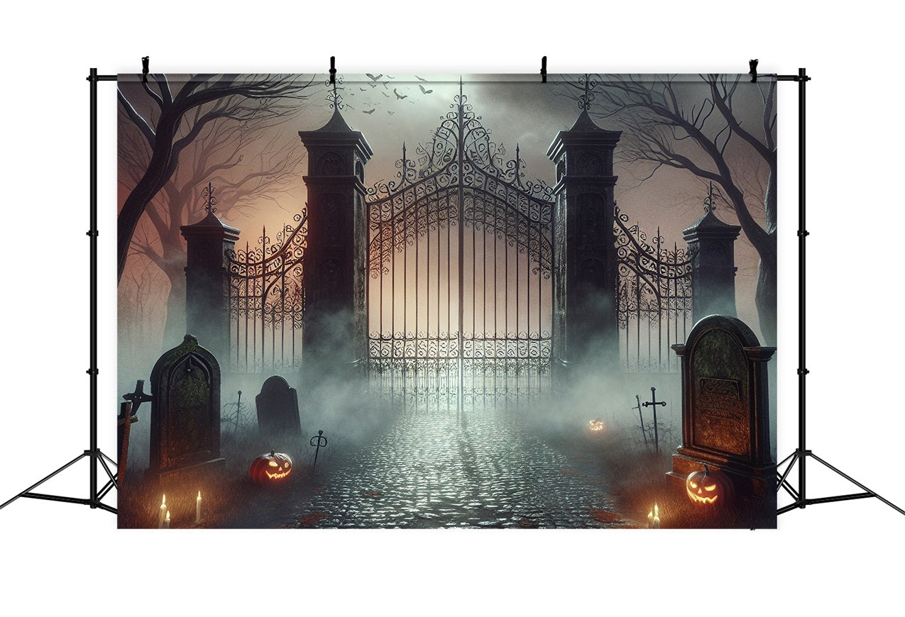 Halloween Photo Backdrop Foggy Cemetery Haunted Gate Backdrop UK BRP10-233