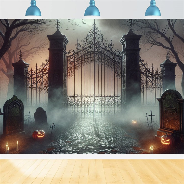 Halloween Photo Backdrop Foggy Cemetery Haunted Gate Backdrop UK BRP10-233