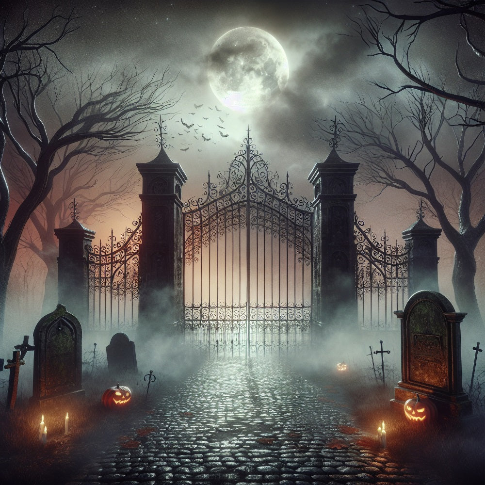 Halloween Photo Backdrop Foggy Cemetery Haunted Gate Backdrop UK BRP10-233