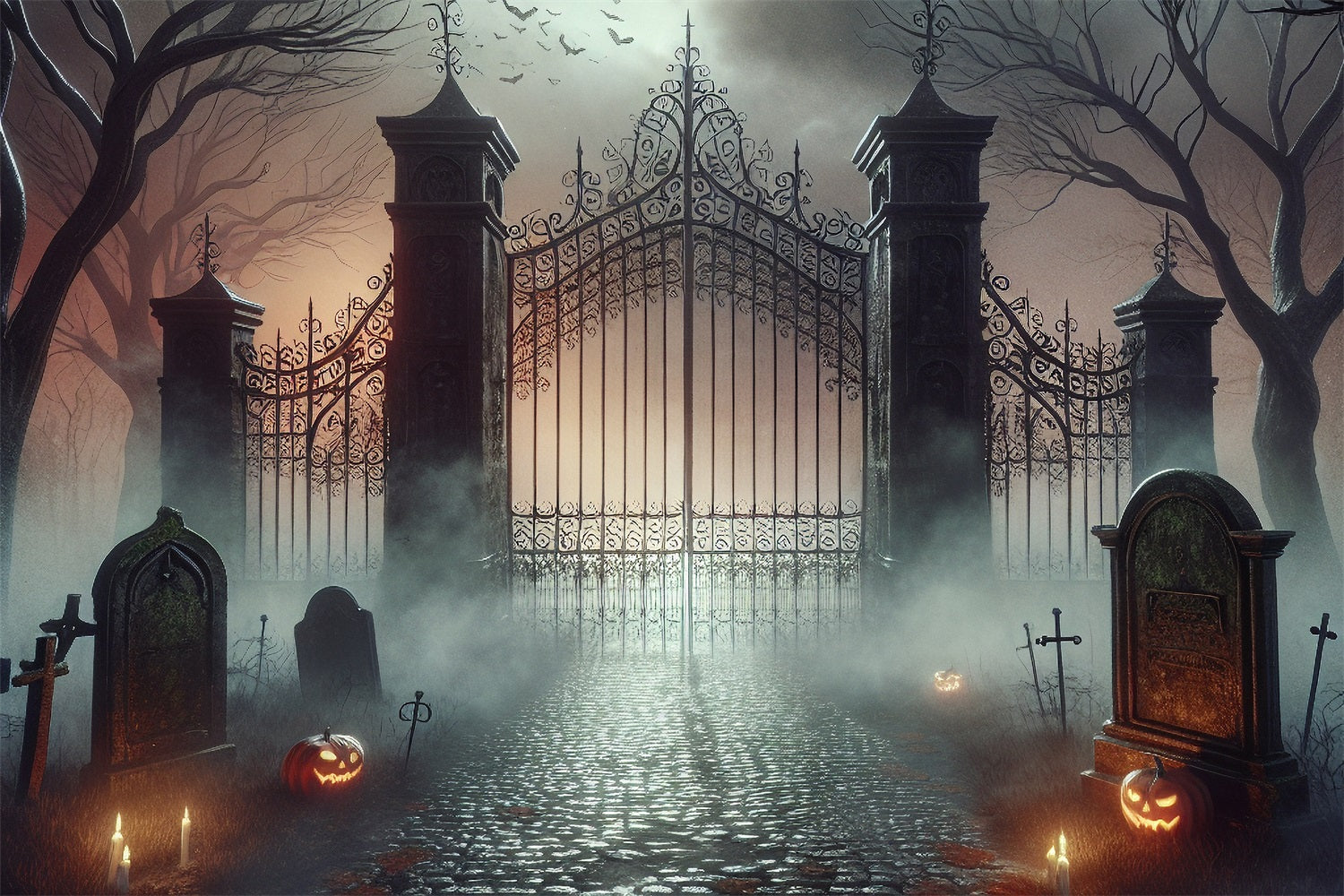 Halloween Photo Backdrop Foggy Cemetery Haunted Gate Backdrop UK BRP10-233