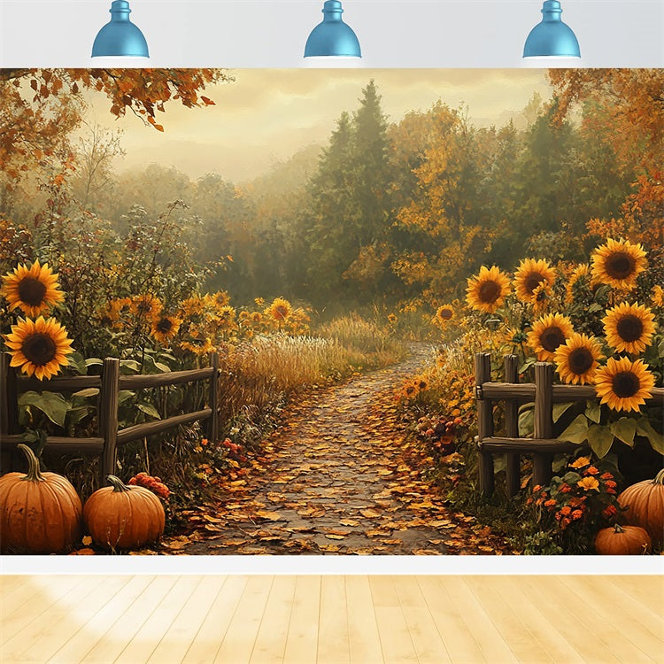 Fall Backdrops Sunflowers Pumpkins Woodland Trail Backdrop UK BRP10-241