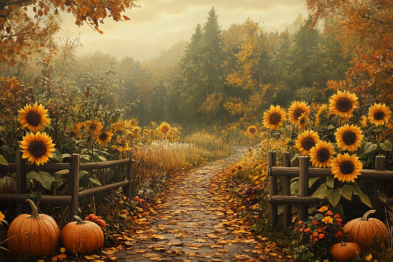 Fall Backdrops Sunflowers Pumpkins Woodland Trail Backdrop UK BRP10-241