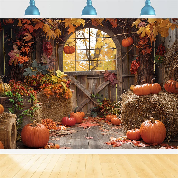 Rustic Fall Backdrop Barn Haystack Pumpkins Backdrop UK BRP10-255