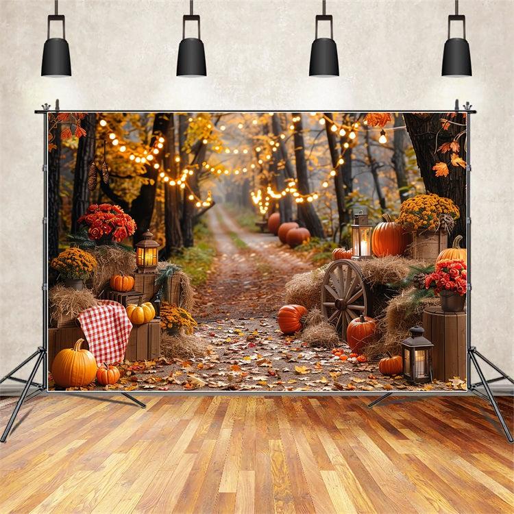 Autumn Photo Backdrop Haystack Pumpkins Trail Lights Backdrop UK BRP10-257