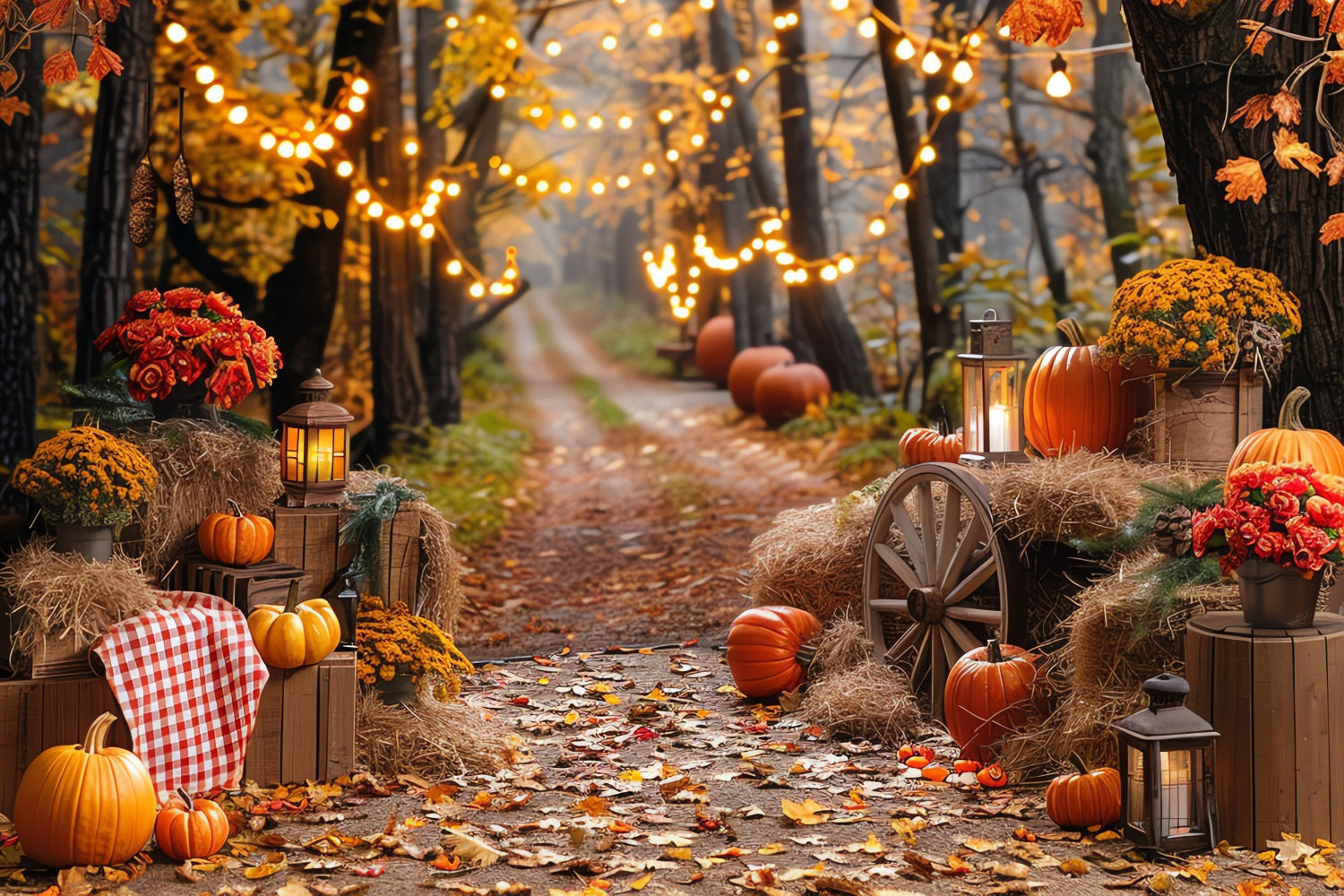 Autumn Photo Backdrop Haystack Pumpkins Trail Lights Backdrop UK BRP10-257