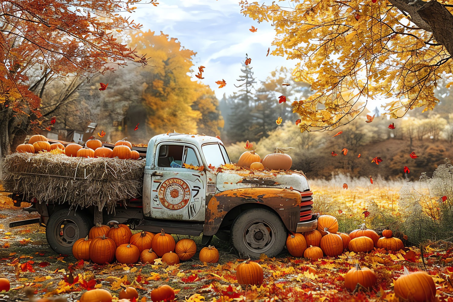 Fall Photo Booth Backdrop Truck Harvest Pumpkins Backdrop UK BRP10-259