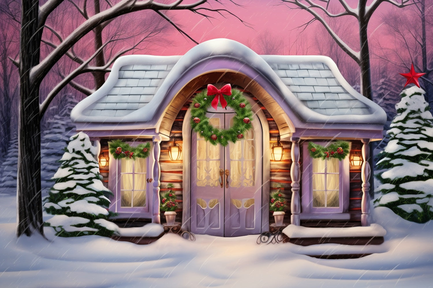 Winter Cozy Cabin Snowy Decor Purple Accents Backdrop UK BRP10-26