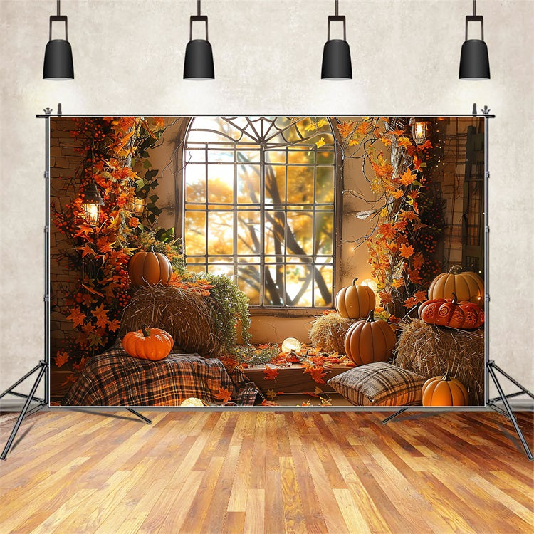 Fall Photoshoot Backdrop Window Pumpkins Hay Bales Backdrop UK BRP10-260