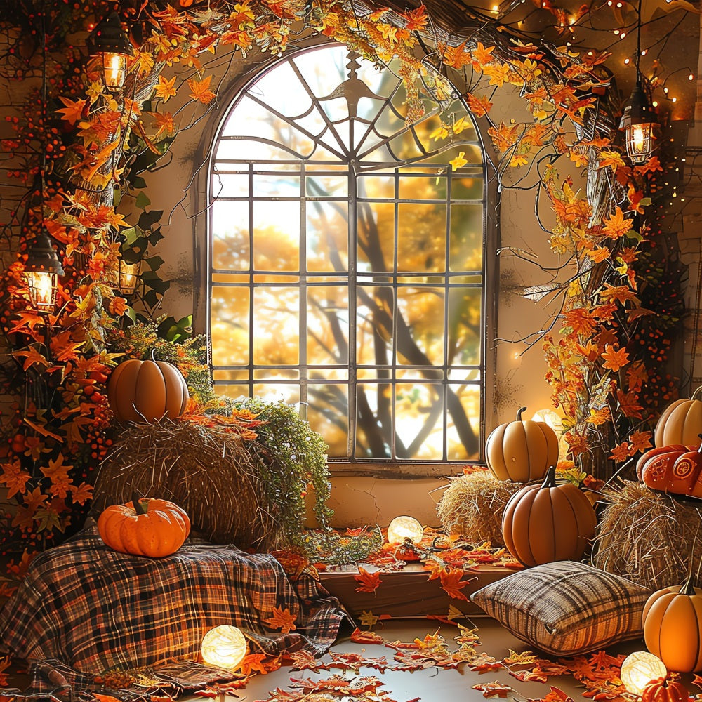 Fall Photoshoot Backdrop Window Pumpkins Hay Bales Backdrop UK BRP10-260