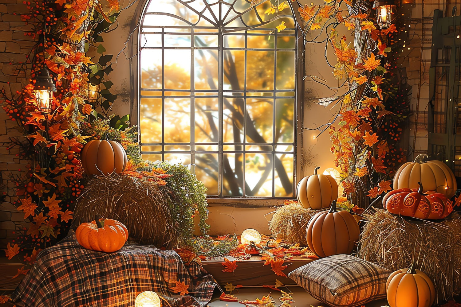 Fall Photoshoot Backdrop Window Pumpkins Hay Bales Backdrop UK BRP10-260