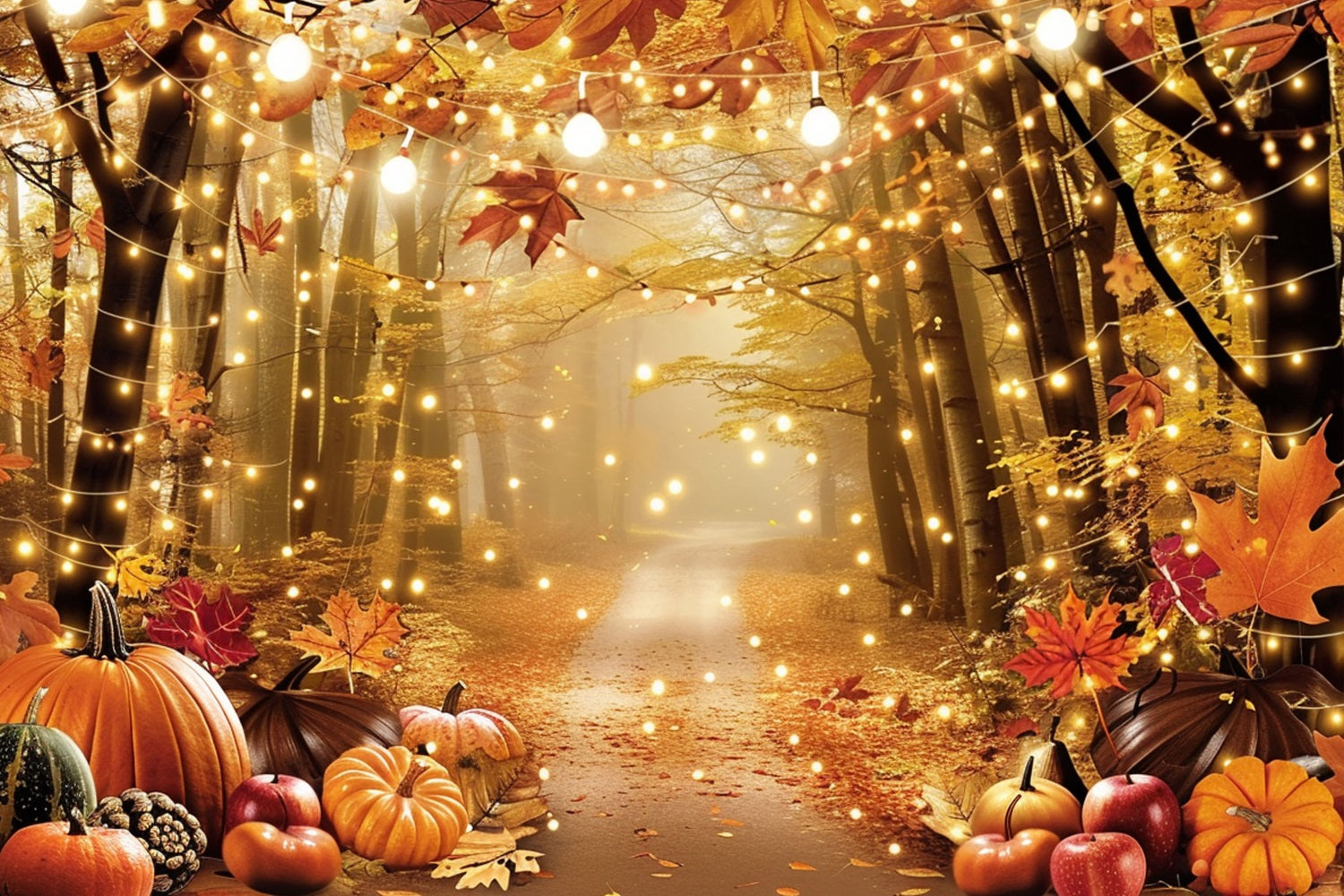 Autumn Forest Backdrop Pumpkins Leaves Lighted Backdrop UK BRP10-261