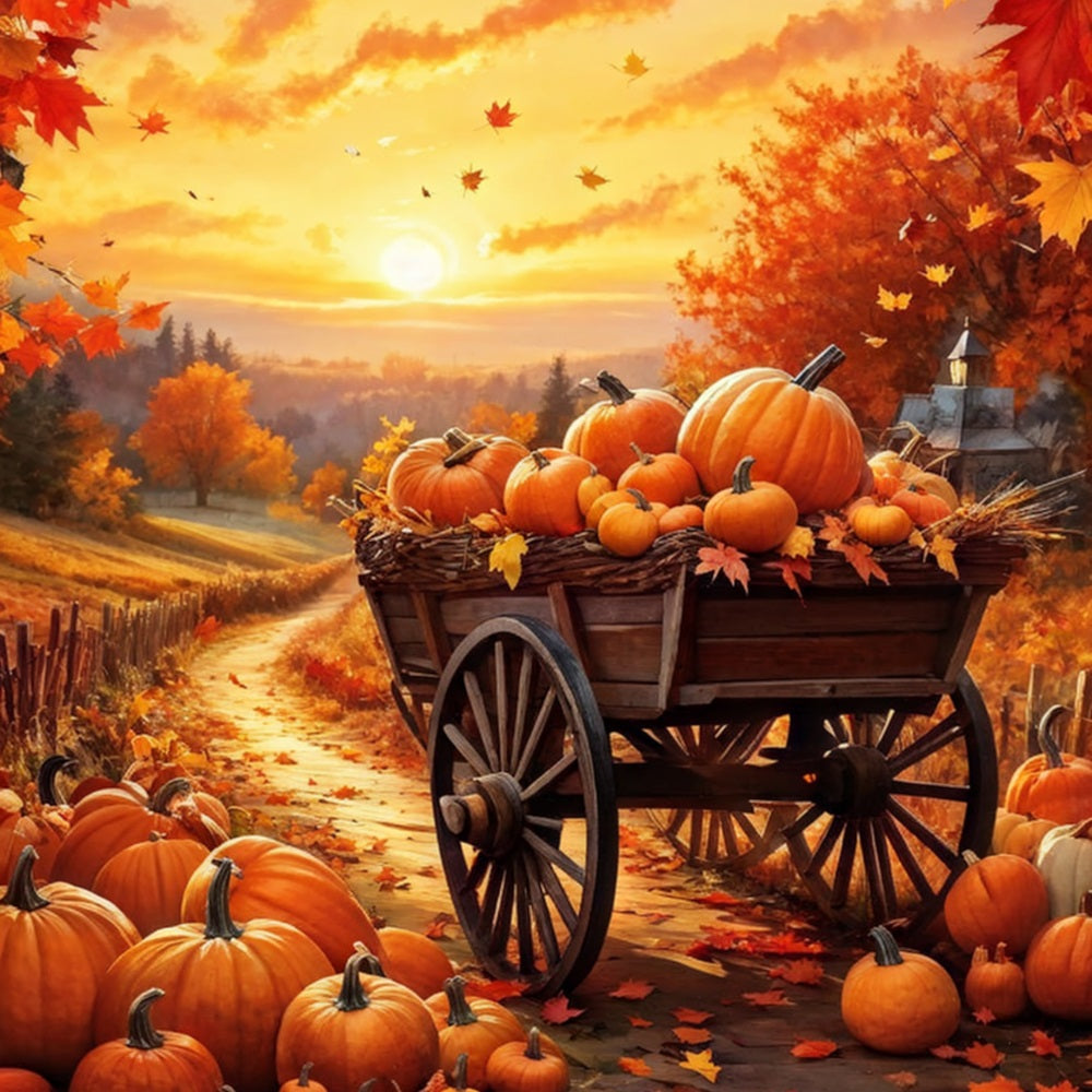 Fall Photography Backdrops Pumpkin Wagon Pathway Sunset Backdrop UK BRP10-264