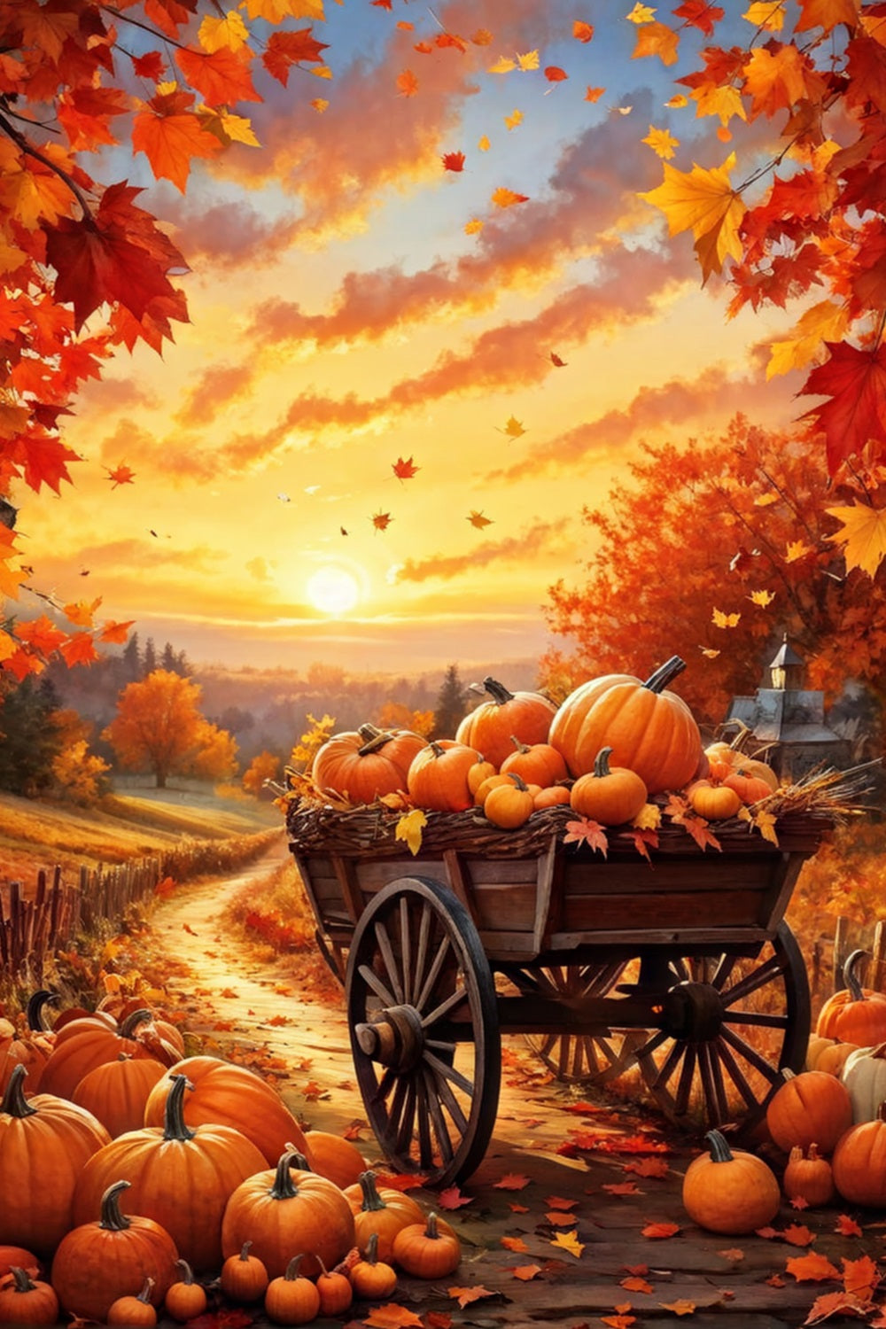 Fall Photography Backdrops Pumpkin Wagon Pathway Sunset Backdrop UK BRP10-264