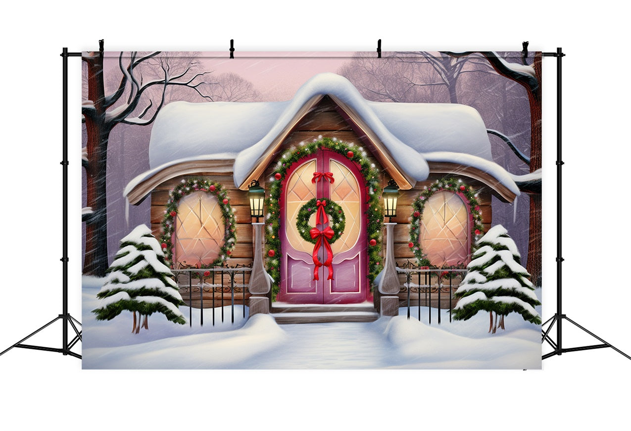 Winter Snow-Covered Cottage Adorned Christmas Wreaths Backdrop UK BRP10-27