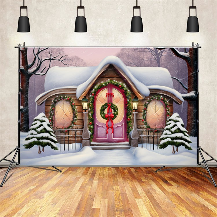 Winter Snow-Covered Cottage Adorned Christmas Wreaths Backdrop UK BRP10-27