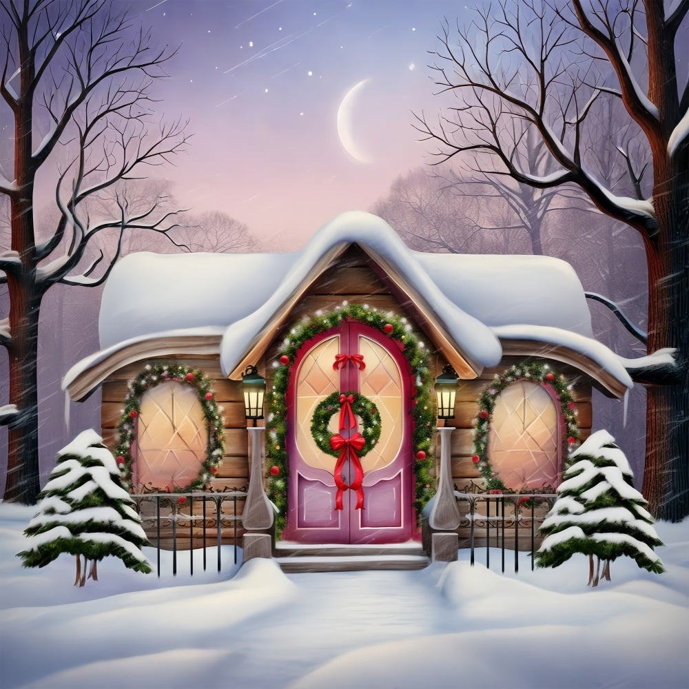 Winter Snow-Covered Cottage Adorned Christmas Wreaths Backdrop UK BRP10-27