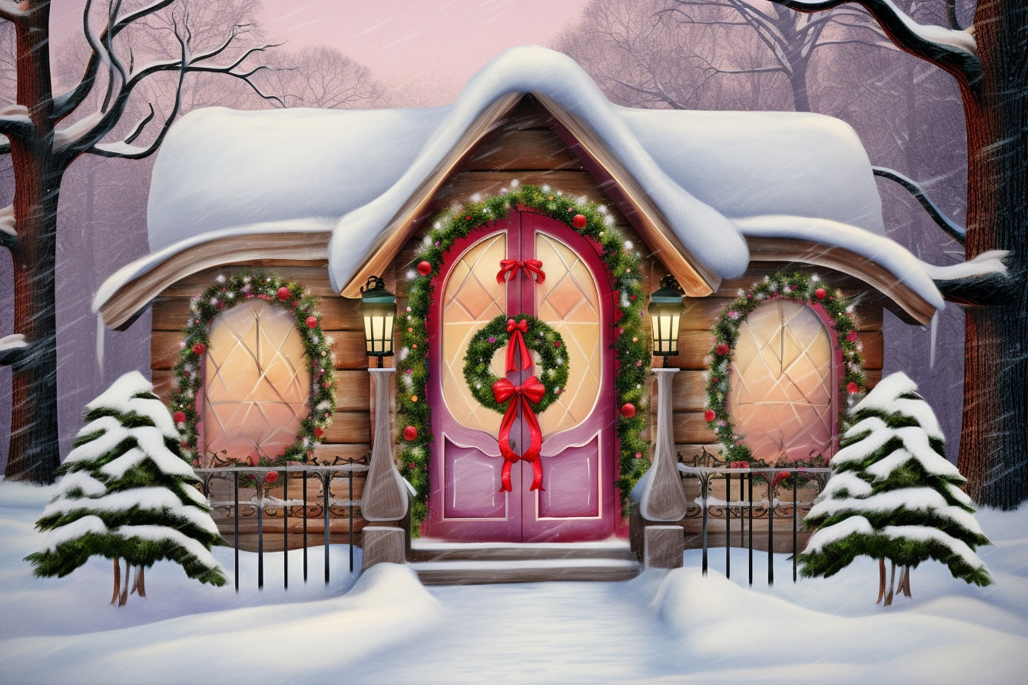 Winter Snow-Covered Cottage Adorned Christmas Wreaths Backdrop UK BRP10-27