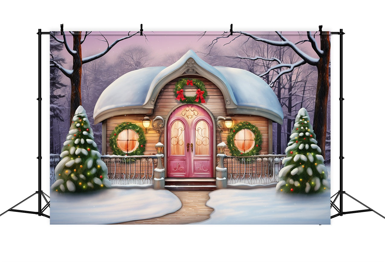 Winter Magical Pink Cottage Decorated Holidays Backdrop UK BRP10-28