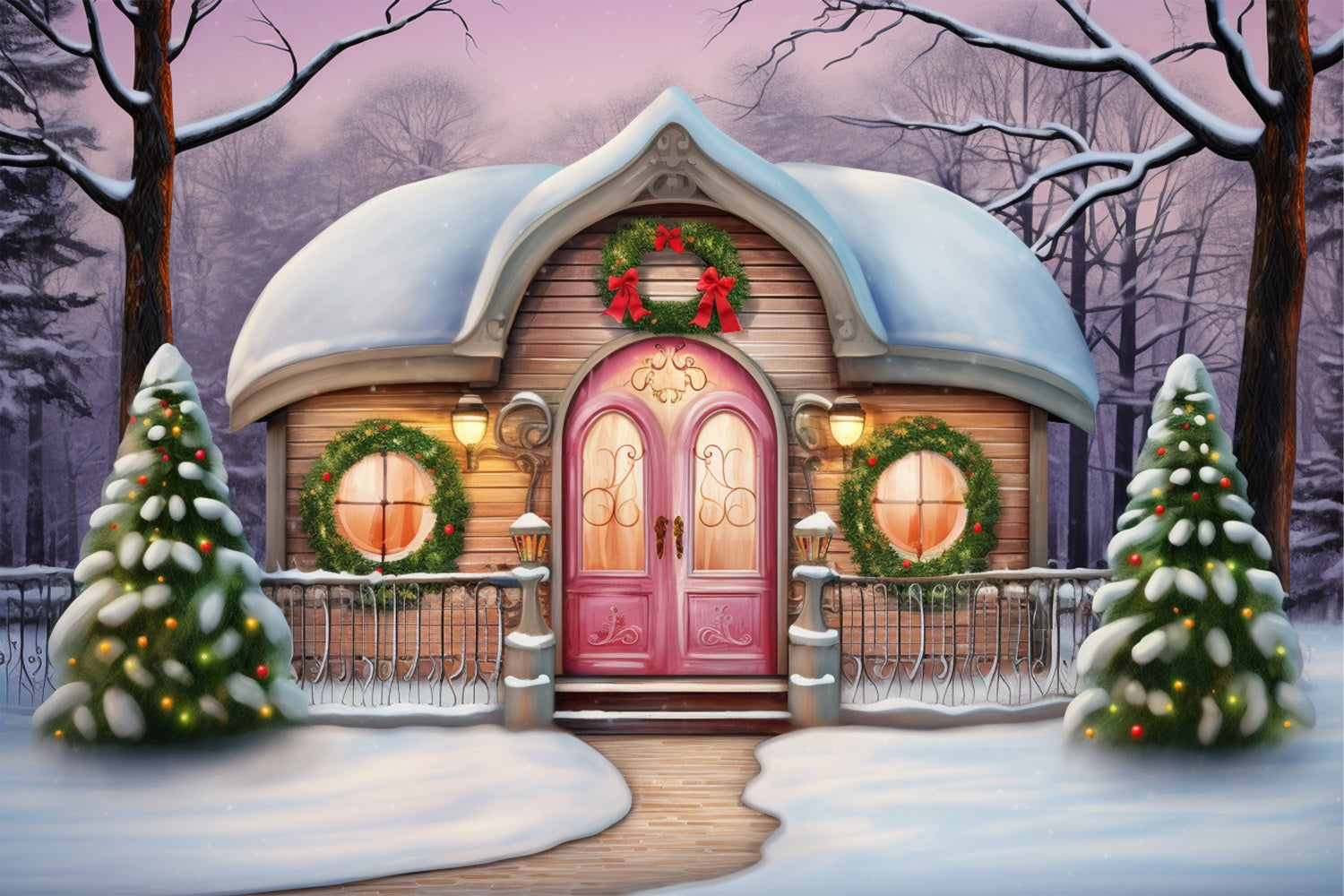 Winter Magical Pink Cottage Decorated Holidays Backdrop UK BRP10-28