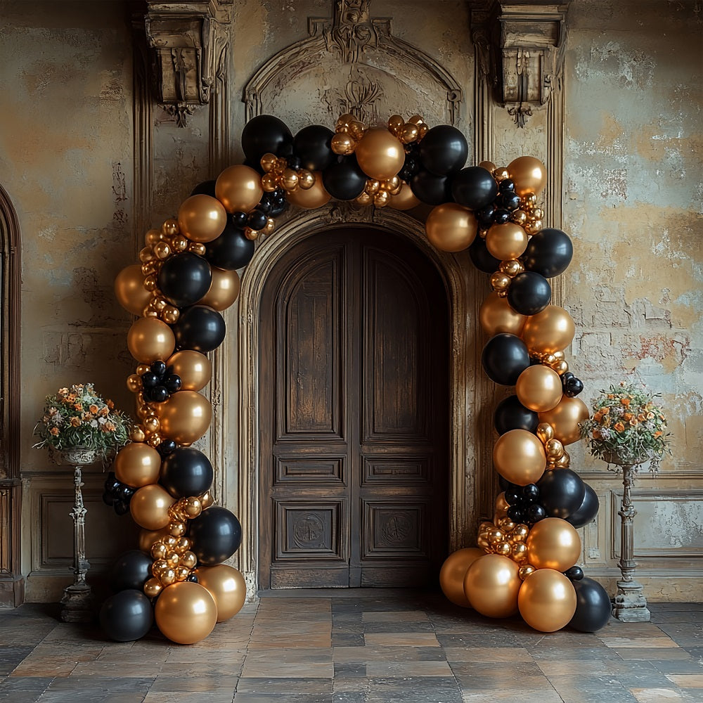 Arch Wall Backdrops Black Gold Balloon Display Backdrop UK BRP10-287