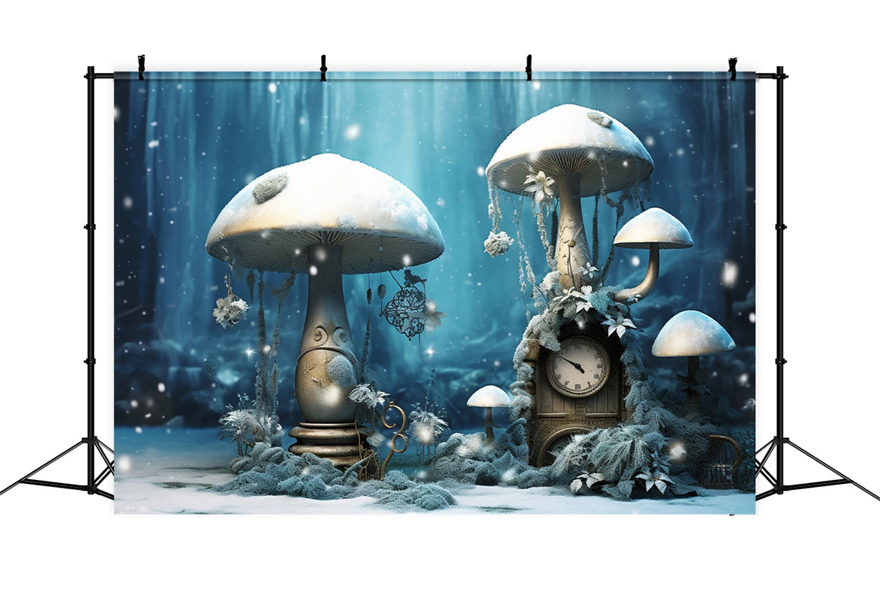 Winter Snow-Covered Mushrooms Vintage Clock Forest Backdrop UK BRP10-30