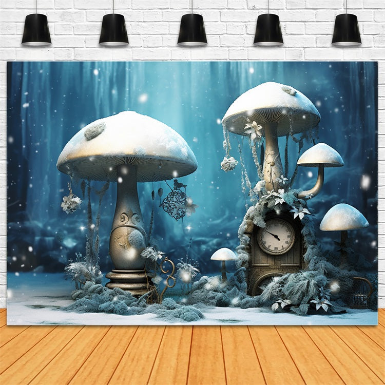 Winter Snow-Covered Mushrooms Vintage Clock Forest Backdrop UK BRP10-30