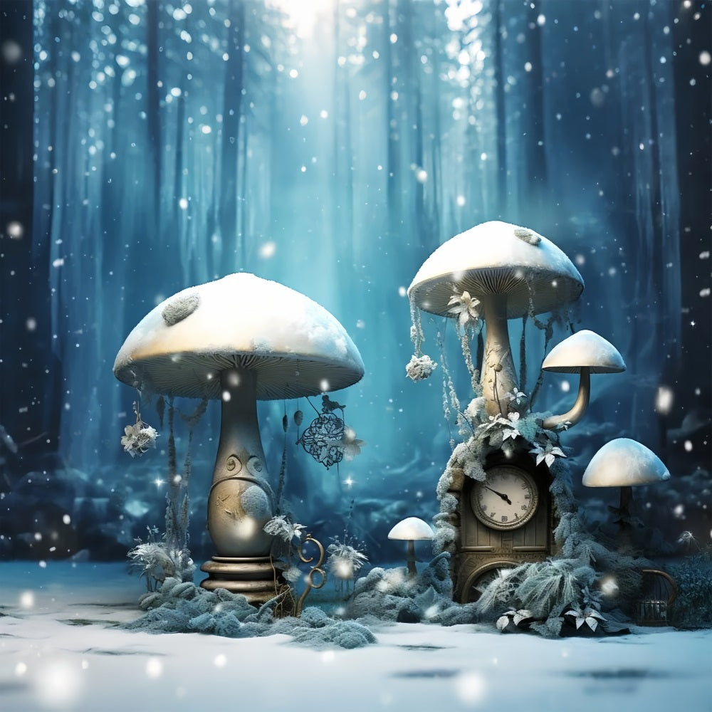 Winter Snow-Covered Mushrooms Vintage Clock Forest Backdrop UK BRP10-30