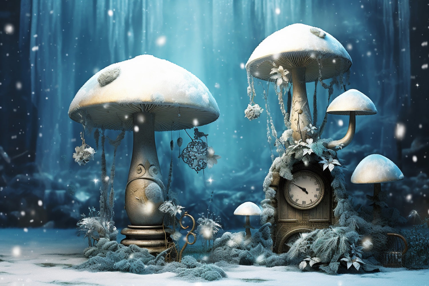 Winter Snow-Covered Mushrooms Vintage Clock Forest Backdrop UK BRP10-30