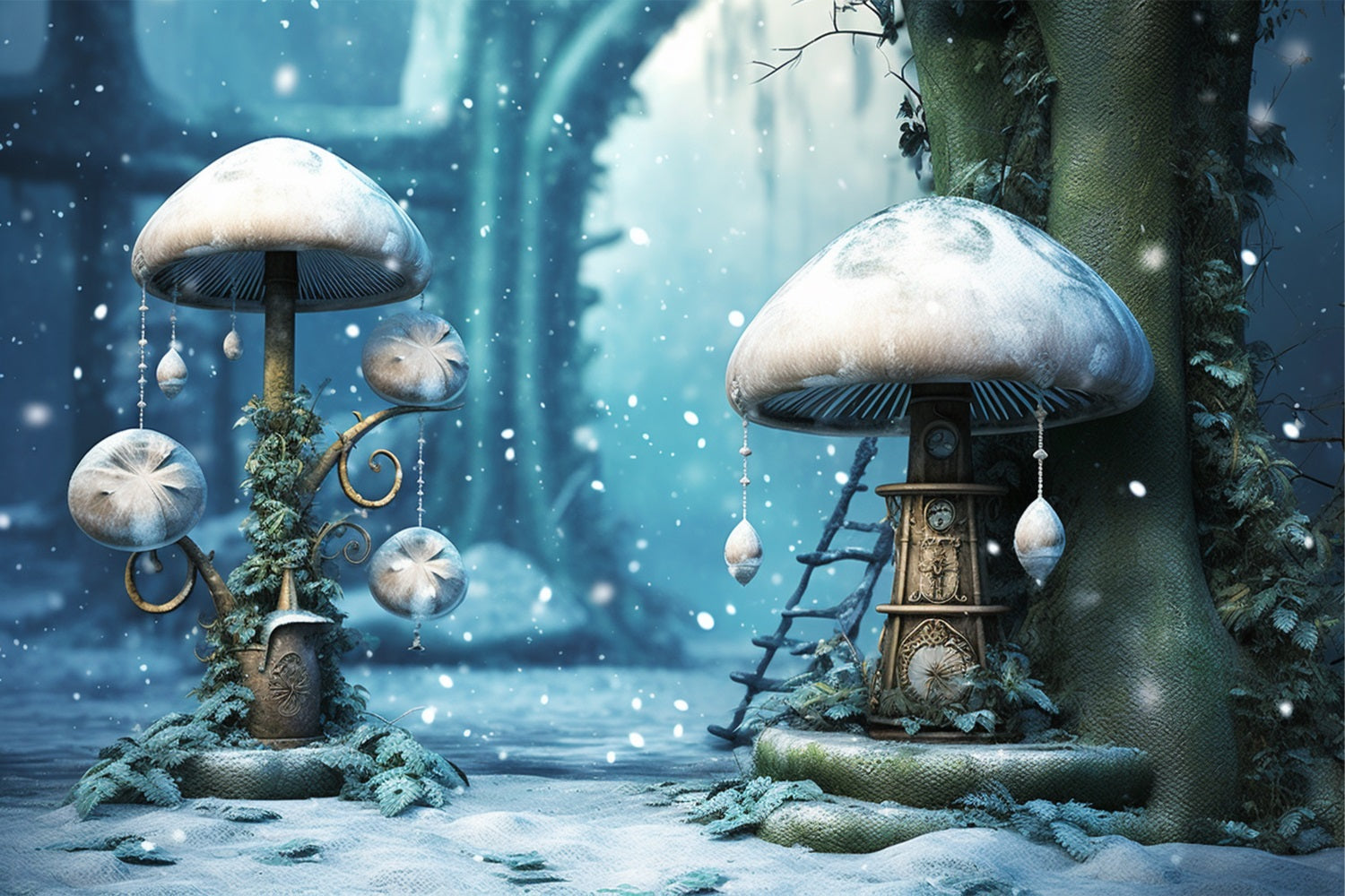 Winter Mystical Forest Frosted Mushroom Decorations Backdrop UK BRP10-31