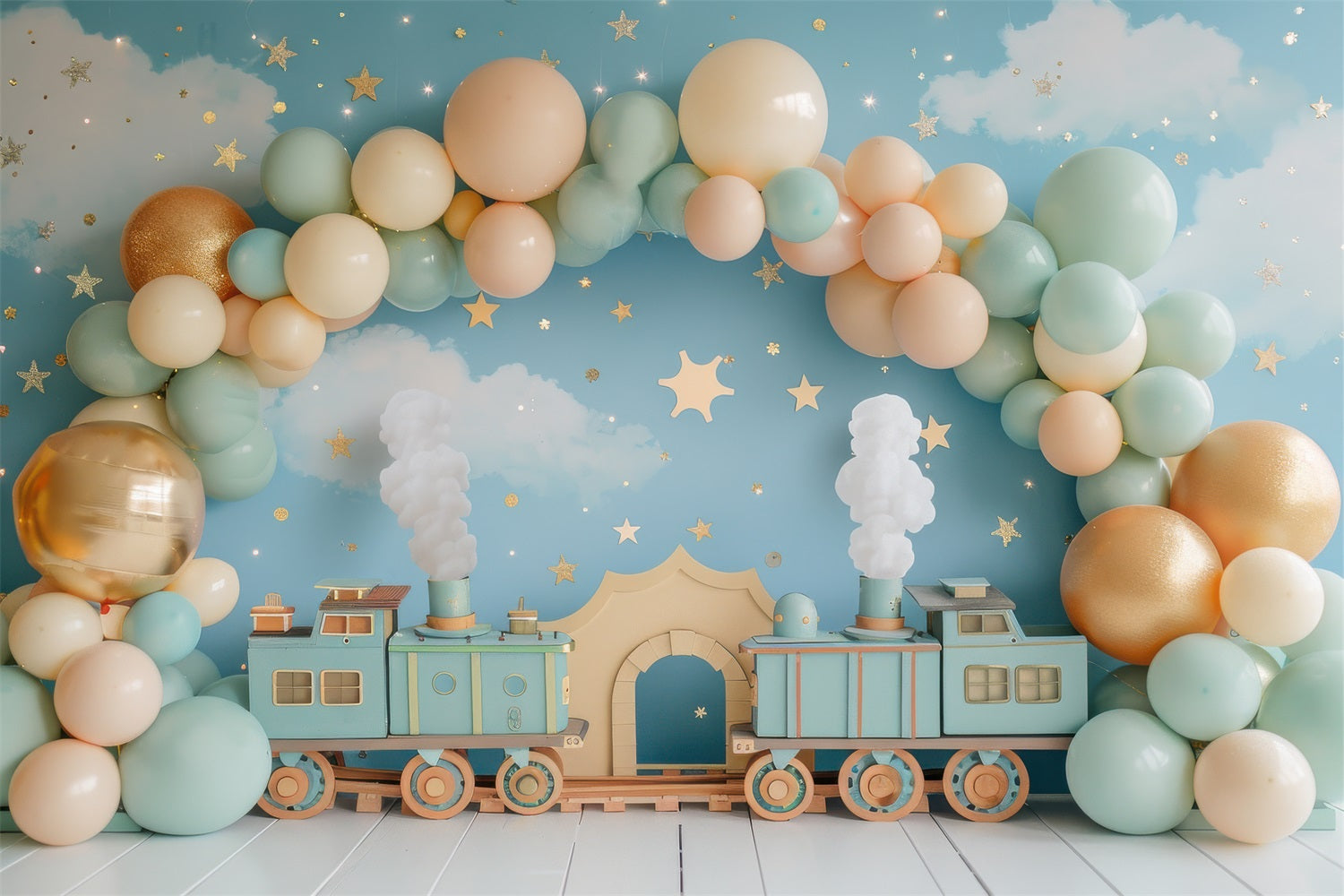 Birthday Backdrop Train-Themed Balloon Setup Backdrop UK BRP10-319