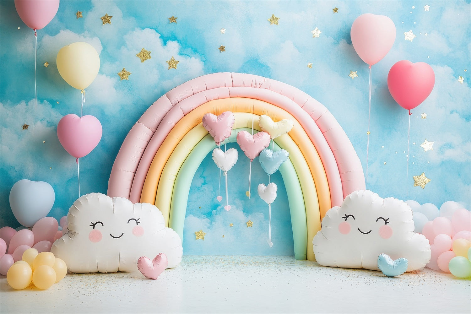 Birthday Party Backdrop Clouds Balloons Rainbow Arch Backdrop UK BRP10-321