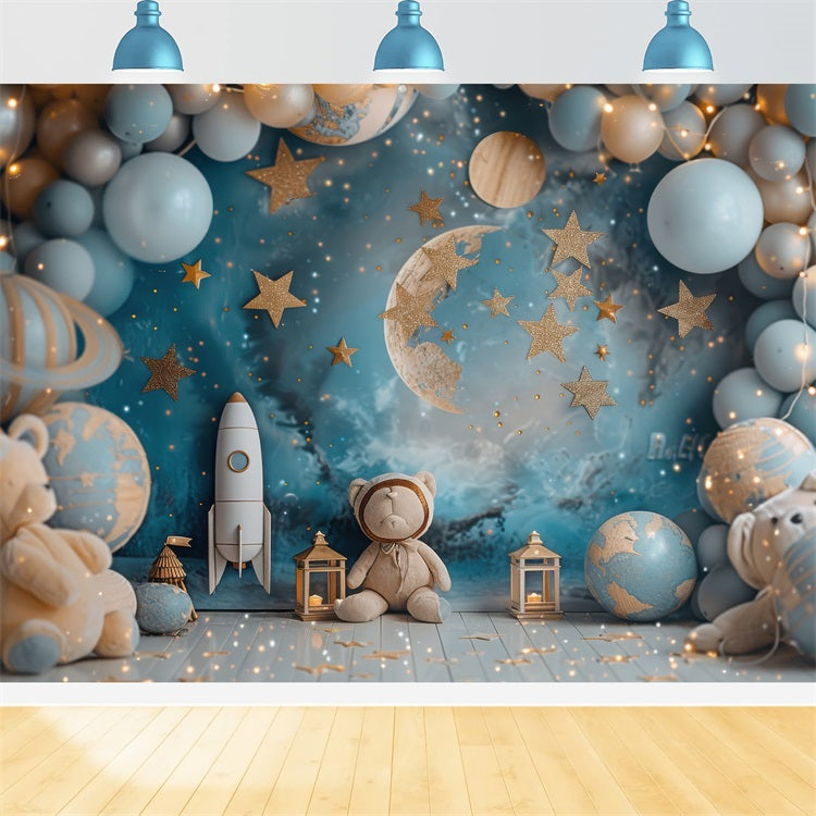 Birthday Background Decoration Space Teddy Rocket Balloon Backdrop UK BRP10-332