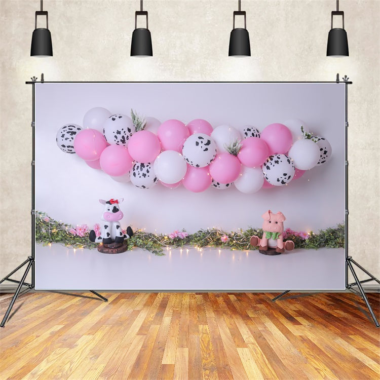 Backdrops For Birthday Farm-Themed Cow Pig Balloon Backdrop UK BRP10-339