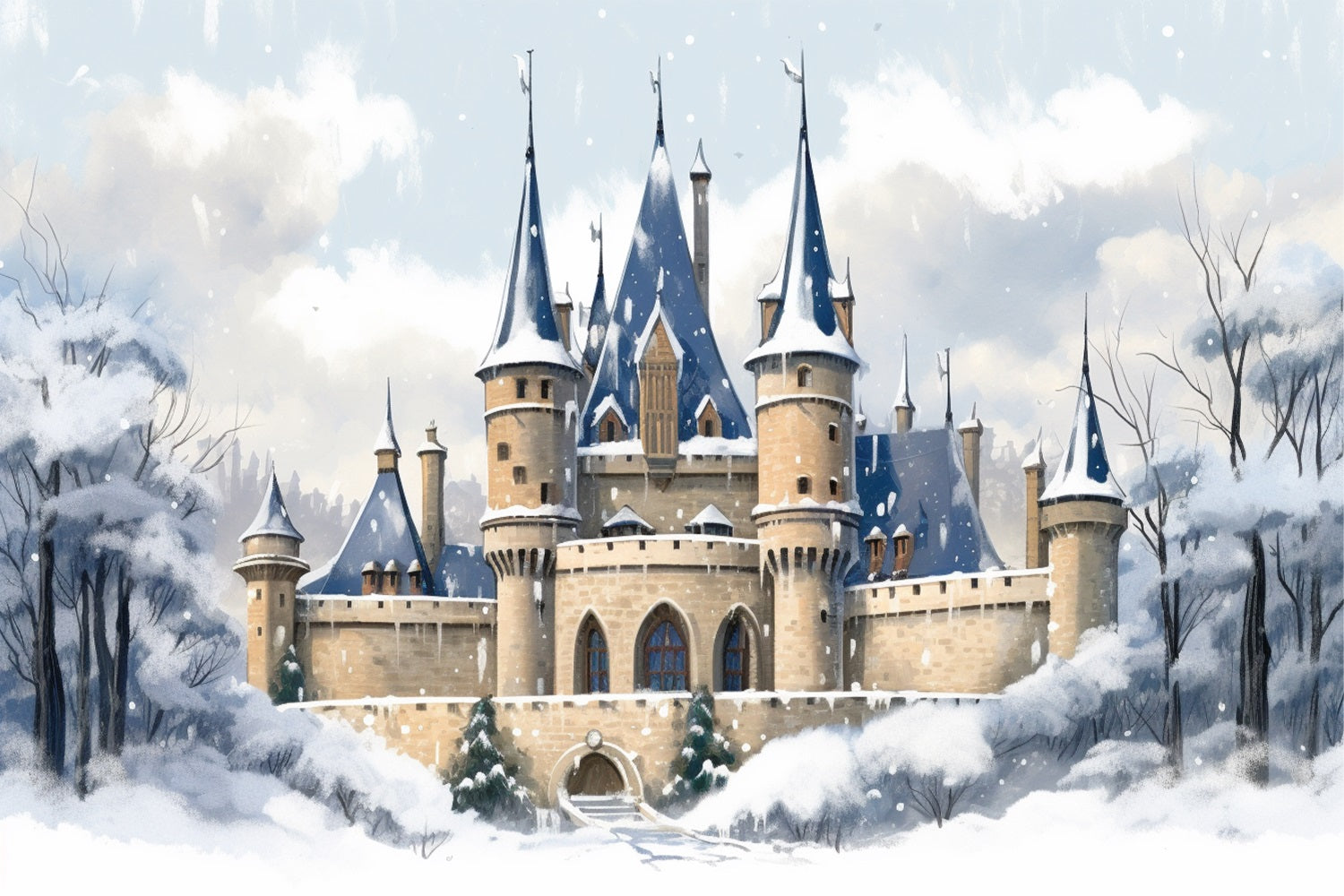 Winter Enchanted Castle Amidst Snowy Forest Backdrop UK BRP10-34