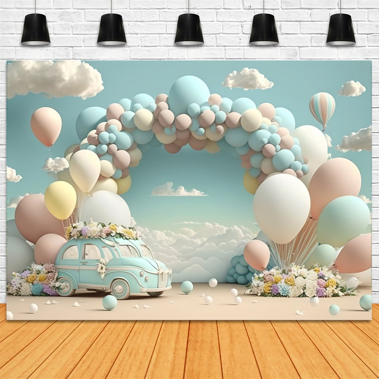 Backdrop For Birthday Vintage Car Balloon Cloud Backdrop UK BRP10-341